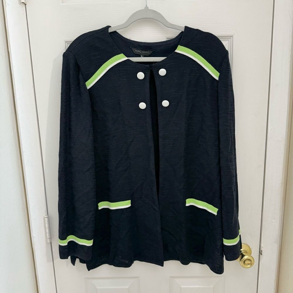 Ming Wang Knit Jacket Blazer Size XL Green Stripes Long Sleeves Layers Buttons